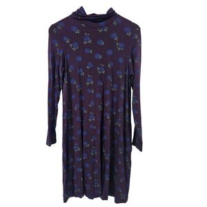 Gudrun Sjoden Purple Rose Floral Dress Small Turtleneck Midi Lagenlook Cotton